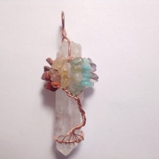 Clear Quartz & Chakra Wire Wrapped Gemtree Pendant Med