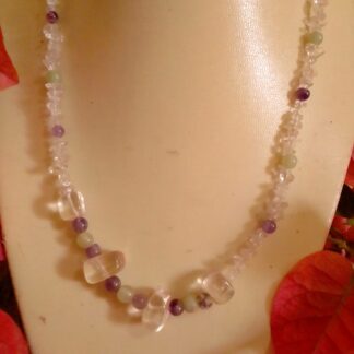Combined amethyst, jade and clear quartz necklace